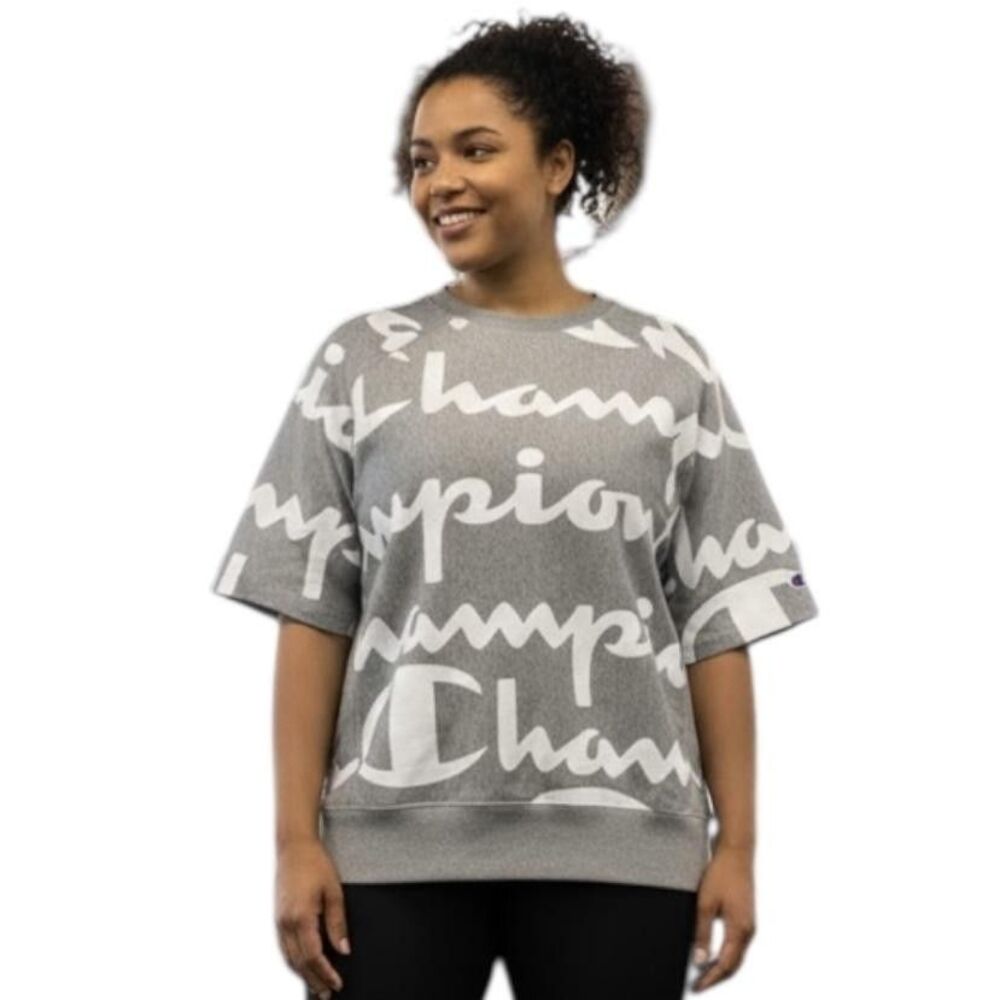 Champion Reverse Weave Sweatshirt Womens XL Gray Script Logo Short Sleeve Gym